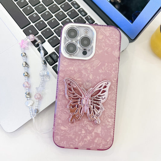 For iPhone 16 Pro Max Plating Glitter Lens Film Texture Butterfly Holder Wristband Phone Case(Pink Shell Pattern) - iPhone 16 Pro Max Cases by buy2fix | Online Shopping UK | buy2fix