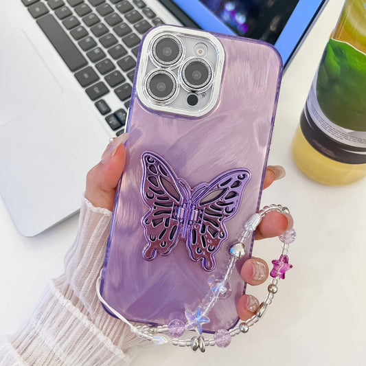 For iPhone 16 Pro Max Plating Glitter Lens Film Texture Butterfly Holder Wristband Phone Case(Purple Feather Yarn) - iPhone 16 Pro Max Cases by buy2fix | Online Shopping UK | buy2fix