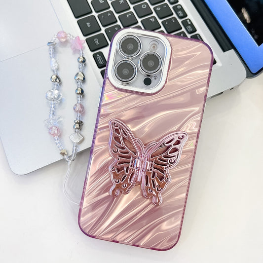 For iPhone 16 Pro Plating Glitter Lens Film Texture Butterfly Holder Wristband Phone Case(Pink Water Ripples) - iPhone 16 Pro Cases by buy2fix | Online Shopping UK | buy2fix