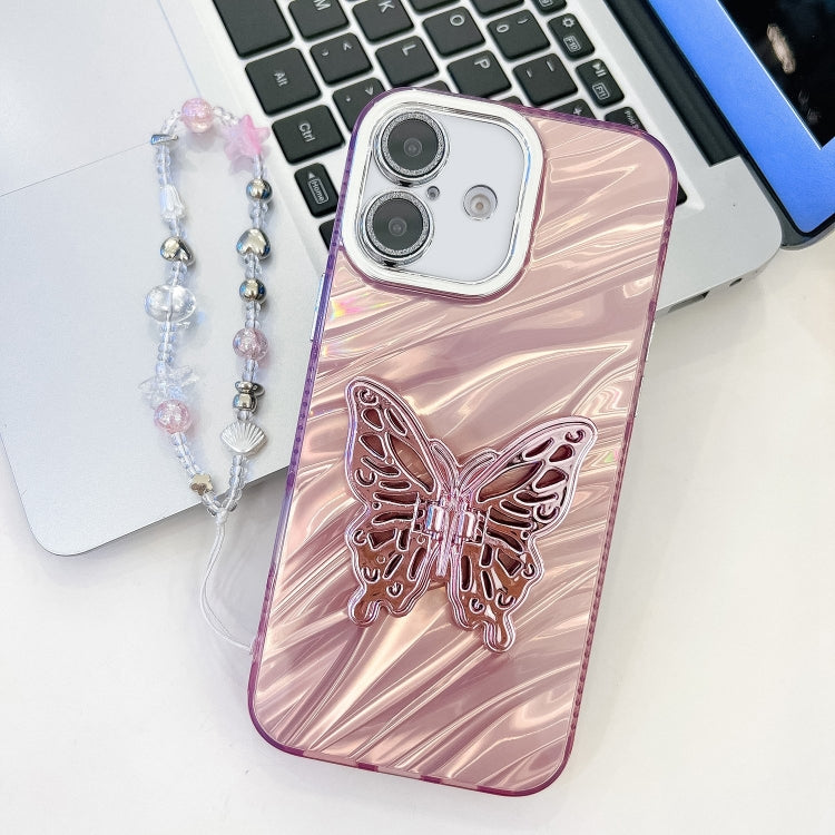 For iPhone 16 Plus Plating Glitter Lens Film Texture Butterfly Holder Wristband Phone Case(Pink Water Ripples) - iPhone 16 Plus Cases by buy2fix | Online Shopping UK | buy2fix