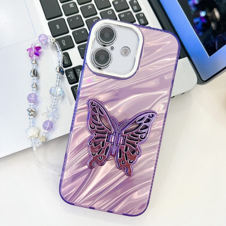 For iPhone 16 Plus Plating Glitter Lens Film Texture Butterfly Holder Wristband Phone Case(Purple Water Ripples) - iPhone 16 Plus Cases by buy2fix | Online Shopping UK | buy2fix