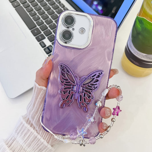 For iPhone 16 Plating Glitter Lens Film Texture Butterfly Holder Wristband Phone Case(Purple Feather Yarn) - iPhone 16 Cases by buy2fix | Online Shopping UK | buy2fix