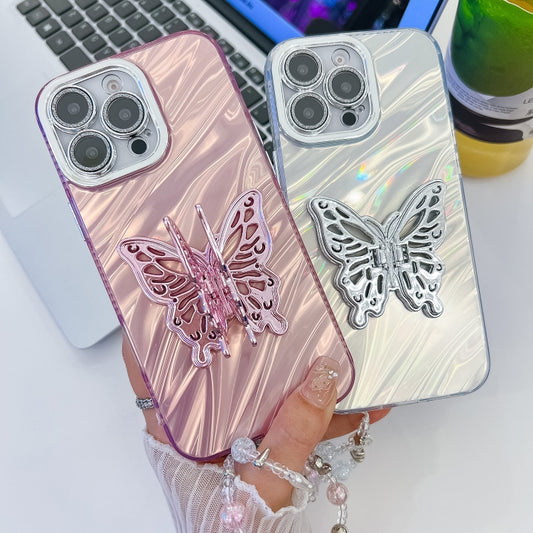For iPhone 16 Plus Plating Glitter Lens Film Texture Butterfly Holder Wristband Phone Case(Purple Tinfoil Texture) by buy2fix