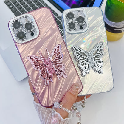 For iPhone 16 Plating Glitter Lens Film Texture Butterfly Holder Wristband Phone Case(Pink Feather Yarn) - iPhone 16 Cases by buy2fix | Online Shopping UK | buy2fix