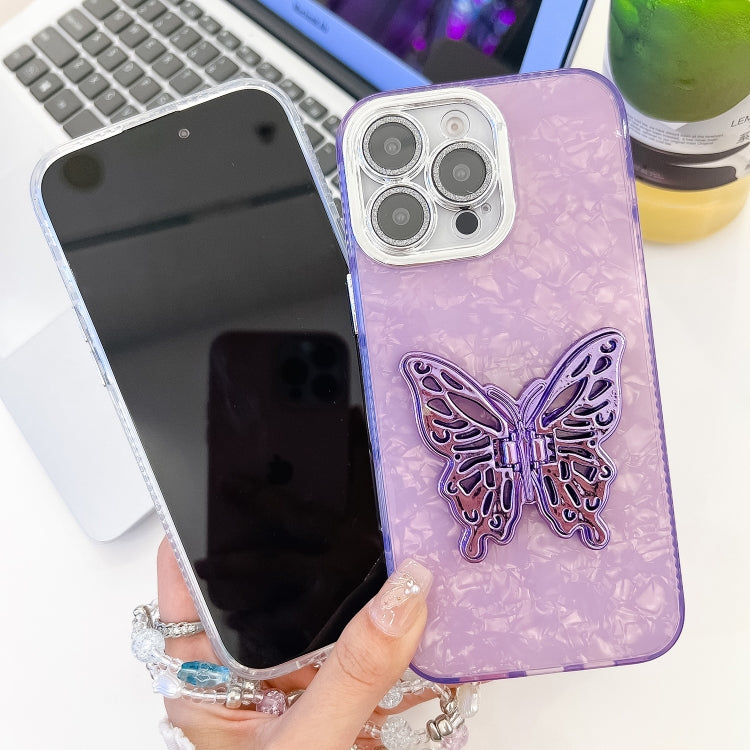 For iPhone 16 Pro Plating Glitter Lens Film Texture Butterfly Holder Wristband Phone Case(Pink Water Ripples) - iPhone 16 Pro Cases by buy2fix | Online Shopping UK | buy2fix