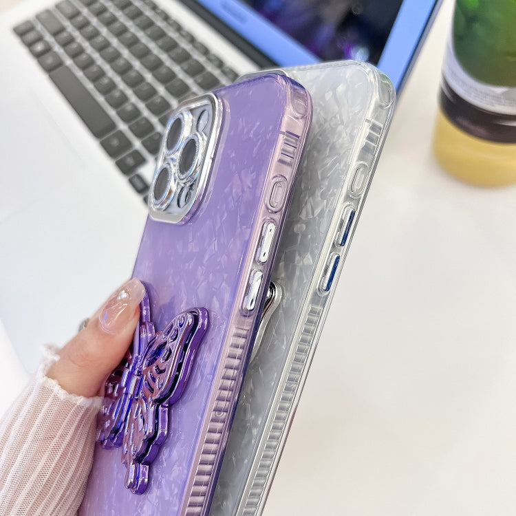 For iPhone 16 Plating Glitter Lens Film Texture Butterfly Holder Wristband Phone Case(Purple Water Ripples) - iPhone 16 Cases by buy2fix | Online Shopping UK | buy2fix