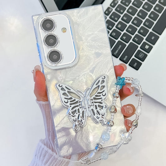 For Samsung Galaxy S25 5G Plating Glitter Lens Film Texture Butterfly Holder Wristband Phone Case(White Feathers) - Galaxy S25 5G Cases by buy2fix | Online Shopping UK | buy2fix