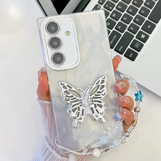 For Samsung Galaxy S25 5G Plating Glitter Lens Film Texture Butterfly Holder Wristband Phone Case(White Feather Yarn) - Galaxy S25 5G Cases by buy2fix | Online Shopping UK | buy2fix