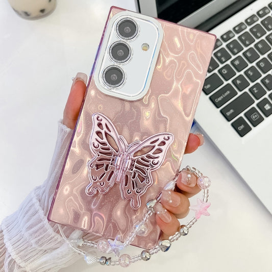 For Samsung Galaxy S25 5G Plating Glitter Lens Film Texture Butterfly Holder Wristband Phone Case(Pink Wrinkles) - Galaxy S25 5G Cases by buy2fix | Online Shopping UK | buy2fix