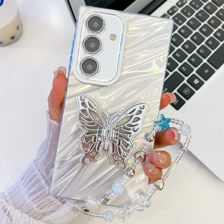 For Samsung Galaxy S25+ 5G Plating Glitter Lens Film Texture Butterfly Holder Wristband Phone Case(White Water Ripples) by buy2fix