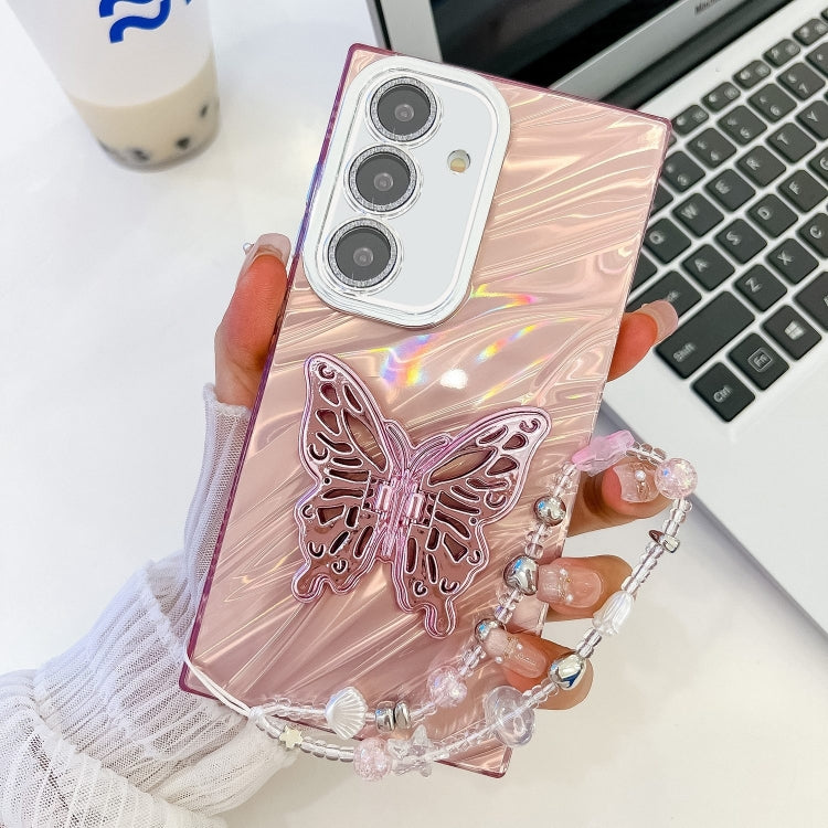 For Samsung Galaxy S25+ 5G Plating Glitter Lens Film Texture Butterfly Holder Wristband Phone Case(Pink Water Ripples) by buy2fix