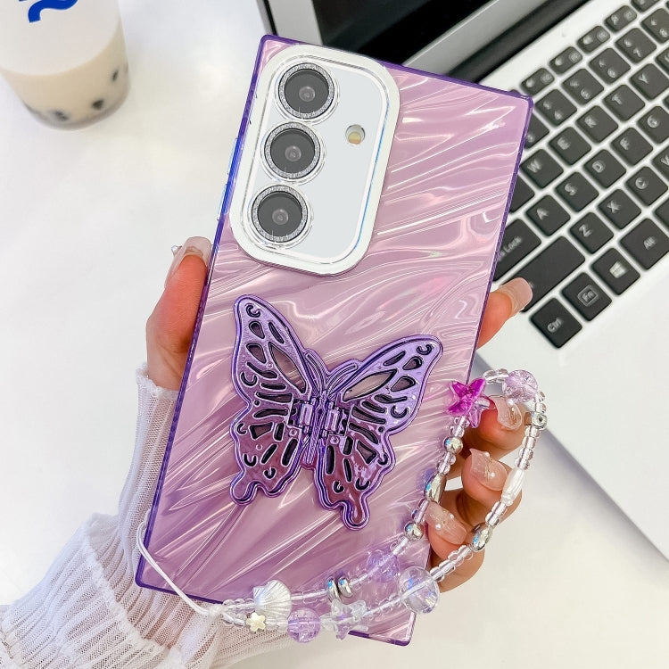 For Samsung Galaxy S25+ 5G Plating Glitter Lens Film Texture Butterfly Holder Wristband Phone Case(Purple Water Ripples) by buy2fix