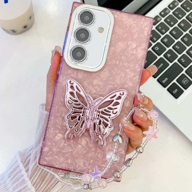For Samsung Galaxy S25+ 5G Plating Glitter Lens Film Texture Butterfly Holder Wristband Phone Case(Pink Shell Pattern) by buy2fix