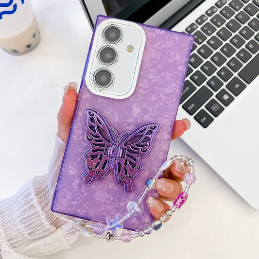 For Samsung Galaxy S25+ 5G Plating Glitter Lens Film Texture Butterfly Holder Wristband Phone Case(Purple Shell Pattern) by buy2fix