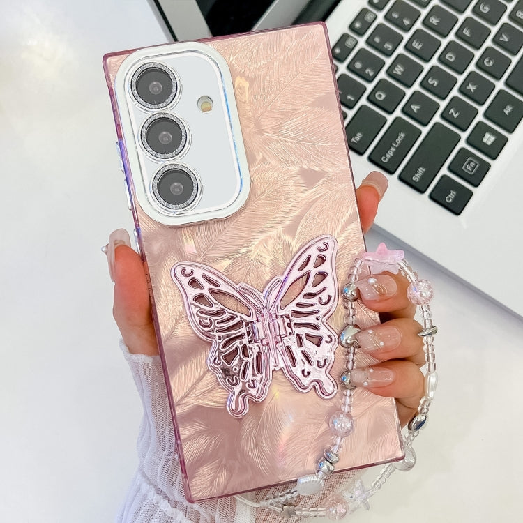 For Samsung Galaxy S25+ 5G Plating Glitter Lens Film Texture Butterfly Holder Wristband Phone Case(Pink Feathers) by buy2fix