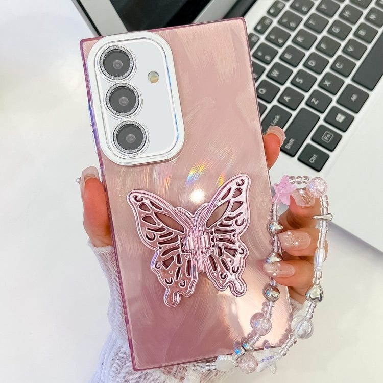 For Samsung Galaxy S25+ 5G Plating Glitter Lens Film Texture Butterfly Holder Wristband Phone Case(Pink Feather Yarn) by buy2fix