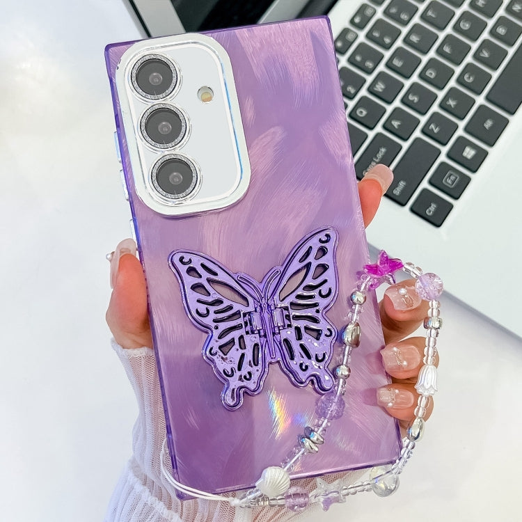 For Samsung Galaxy S25+ 5G Plating Glitter Lens Film Texture Butterfly Holder Wristband Phone Case(Purple Feather Yarn) by buy2fix