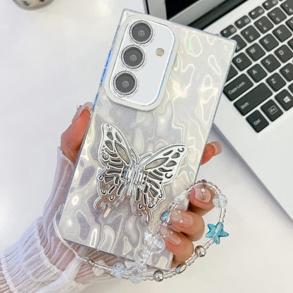 For Samsung Galaxy S25+ 5G Plating Glitter Lens Film Texture Butterfly Holder Wristband Phone Case(White Wrinkles) by buy2fix