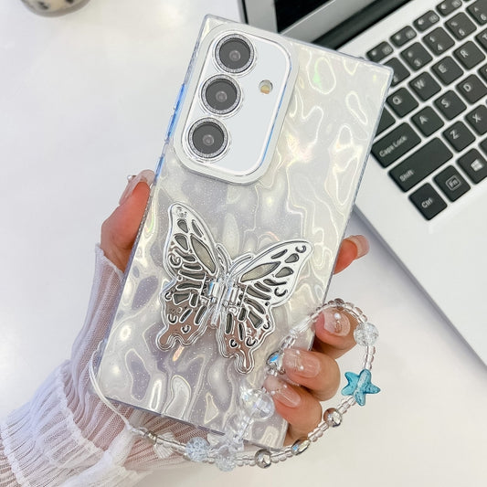 For Samsung Galaxy S25+ 5G Plating Glitter Lens Film Texture Butterfly Holder Wristband Phone Case(White Wrinkles) by buy2fix