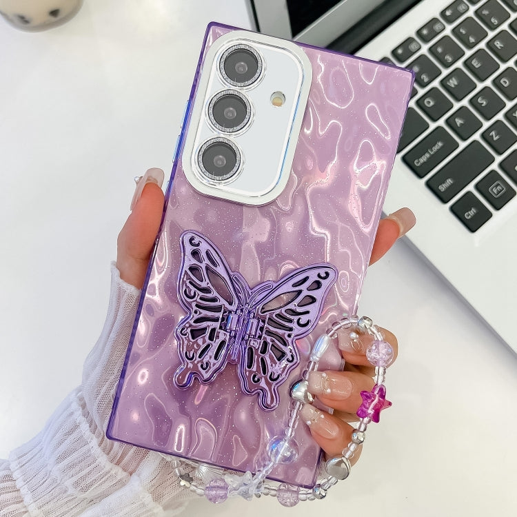 For Samsung Galaxy S25+ 5G Plating Glitter Lens Film Texture Butterfly Holder Wristband Phone Case(Purple Wrinkles) by buy2fix