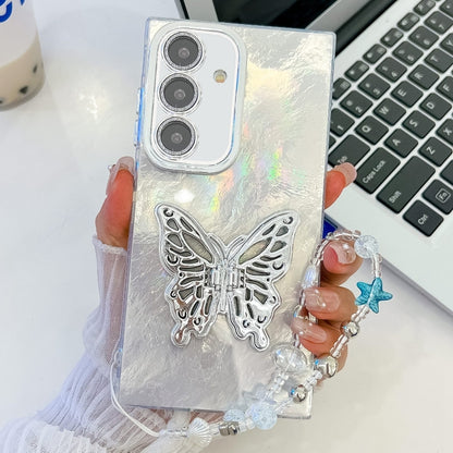 For Samsung Galaxy S25+ 5G Plating Glitter Lens Film Texture Butterfly Holder Wristband Phone Case(White Tinfoil Texture) by buy2fix