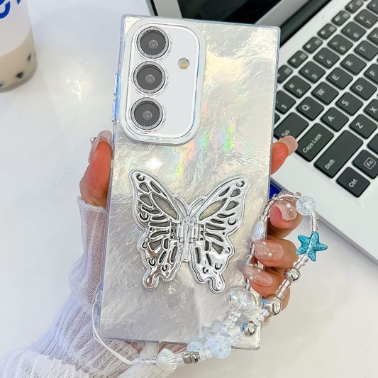 For Samsung Galaxy S25+ 5G Plating Glitter Lens Film Texture Butterfly Holder Wristband Phone Case(White Tinfoil Texture) by buy2fix