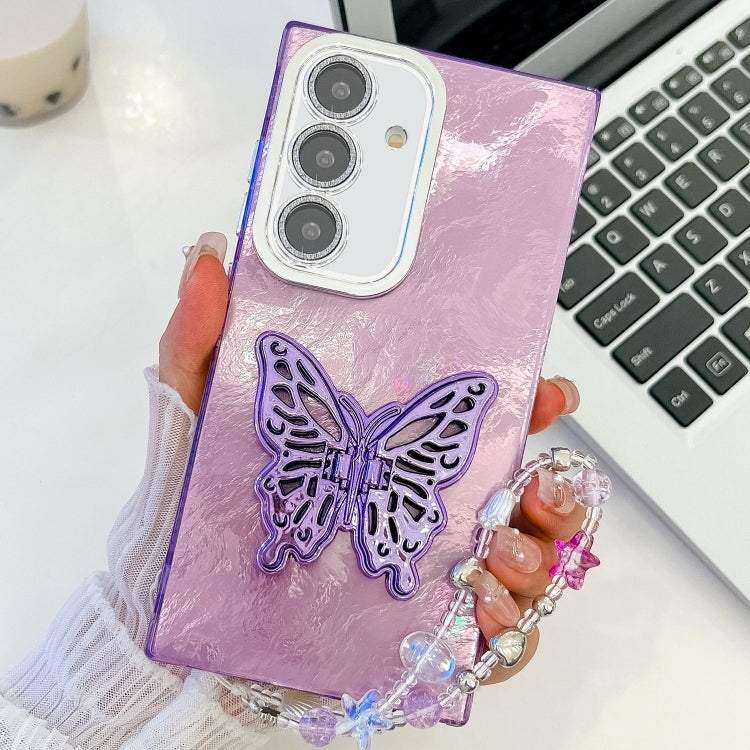 For Samsung Galaxy S25+ 5G Plating Glitter Lens Film Texture Butterfly Holder Wristband Phone Case(Purple Tinfoil Texture) by buy2fix