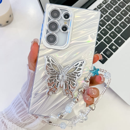For Samsung Galaxy S25 Ultra 5G Plating Glitter Lens Film Texture Butterfly Holder Wristband Phone Case(White Water Ripples)