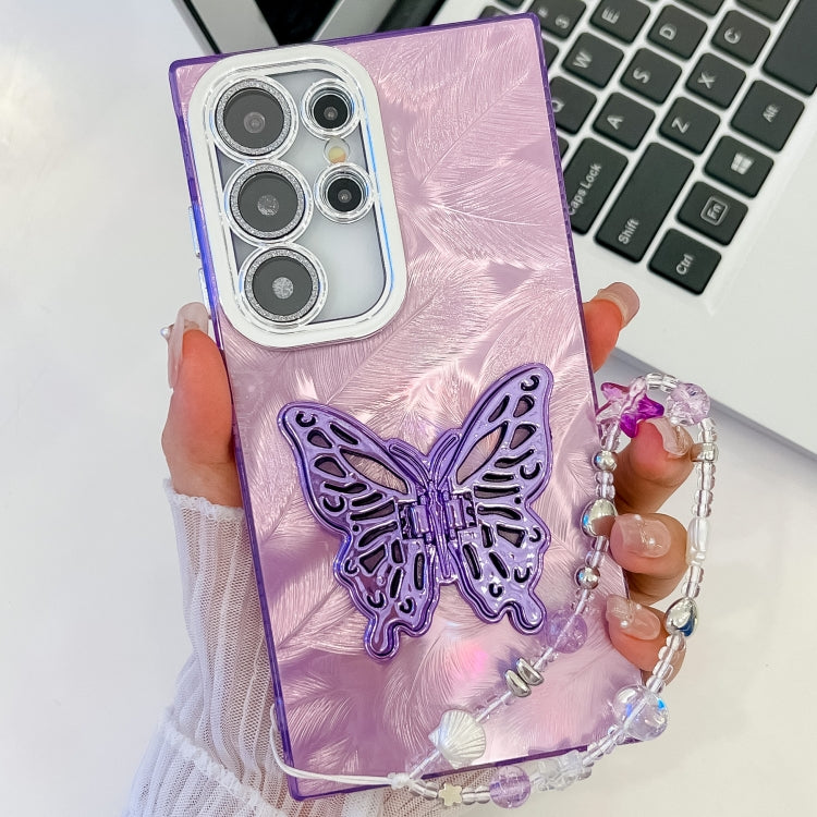 For Samsung Galaxy S25 Ultra 5G Plating Glitter Lens Film Texture Butterfly Holder Wristband Phone Case(Purple Feathers) - Galaxy S25 Ultra 5G Cases by buy2fix | Online Shopping UK | buy2fix