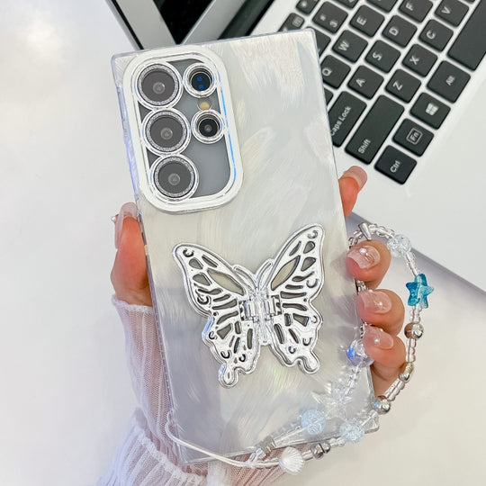 For Samsung Galaxy S25 Ultra 5G Plating Glitter Lens Film Texture Butterfly Holder Wristband Phone Case(White Feather Yarn)