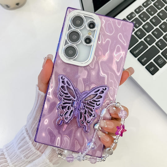 For Samsung Galaxy S25 Ultra 5G Plating Glitter Lens Film Texture Butterfly Holder Wristband Phone Case(Purple Wrinkles)