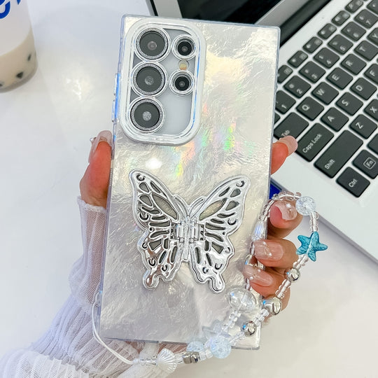 For Samsung Galaxy S25 Ultra 5G Plating Glitter Lens Film Texture Butterfly Holder Wristband Phone Case(White Tinfoil Texture)