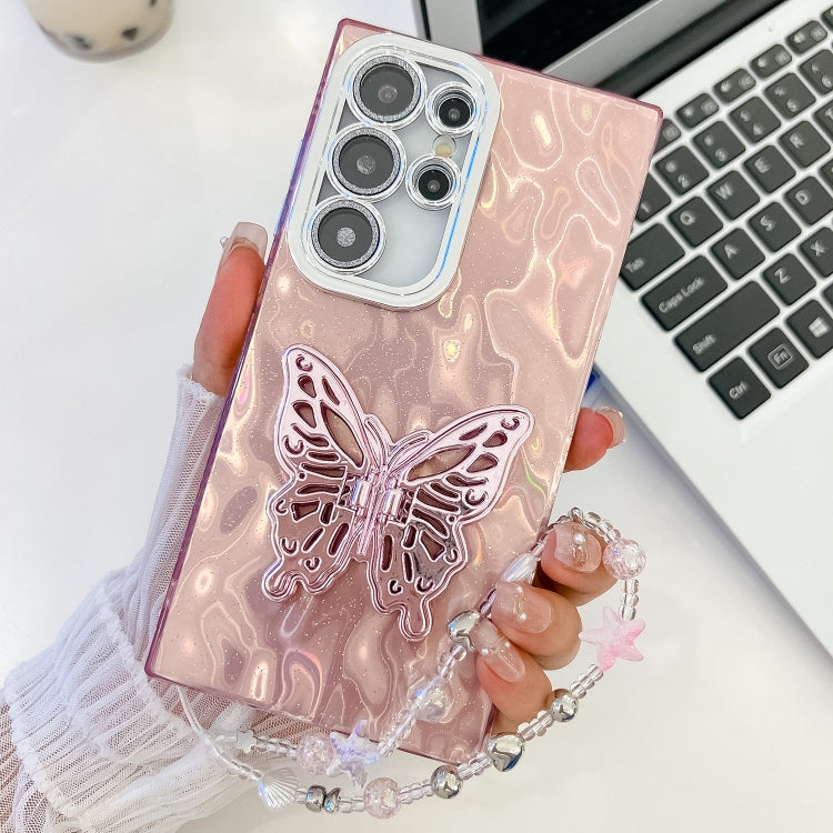 For Samsung Galaxy S25 Ultra 5G Plating Glitter Lens Film Texture Butterfly Holder Wristband Phone Case(Pink Tinfoil Texture) - Galaxy S25 Ultra 5G Cases by buy2fix | Online Shopping UK | buy2fix