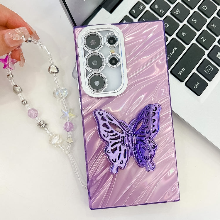 For Samsung Galaxy S25+ 5G Plating Glitter Lens Film Texture Butterfly Holder Wristband Phone Case(Purple Feathers) - Galaxy S25+ 5G Cases by buy2fix | Online Shopping UK | buy2fix