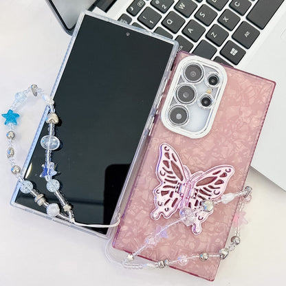 For Samsung Galaxy S25 5G Plating Glitter Lens Film Texture Butterfly Holder Wristband Phone Case(Purple Feathers) - Galaxy S25 5G Cases by buy2fix | Online Shopping UK | buy2fix