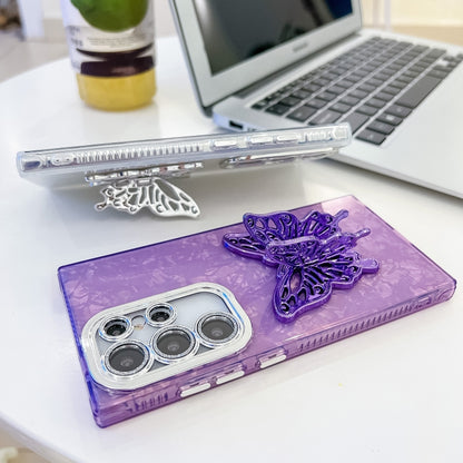 For Samsung Galaxy S25+ 5G Plating Glitter Lens Film Texture Butterfly Holder Wristband Phone Case(Purple Water Ripples) by buy2fix