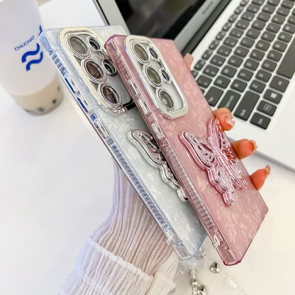 For Samsung Galaxy S25+ 5G Plating Glitter Lens Film Texture Butterfly Holder Wristband Phone Case(White Wrinkles) by buy2fix