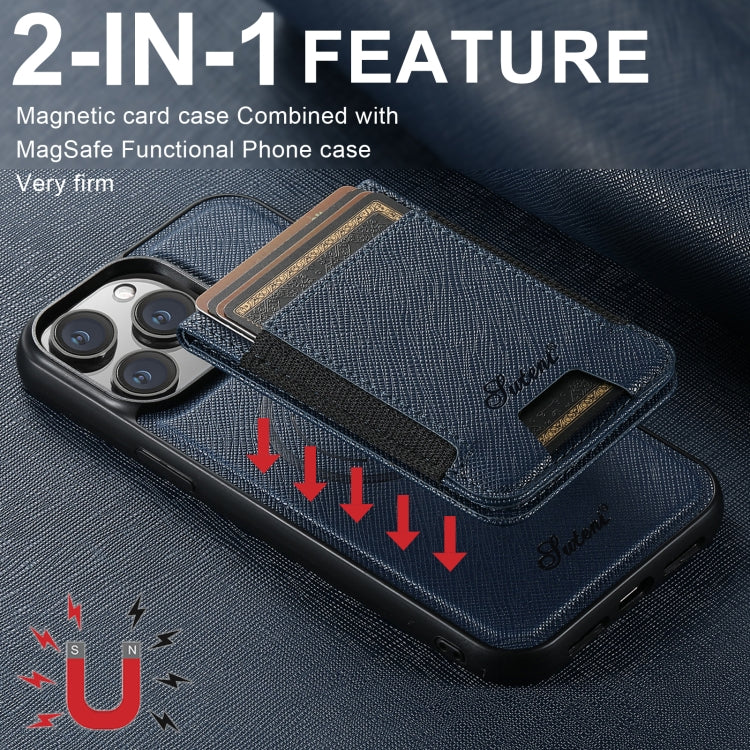 For iPhone 15 Plus Suteni H17 Cross Grain Leather MagSafe Detachable Wallet Phone Case(Blue) - iPhone 15 Plus Cases by Suteni | Online Shopping UK | buy2fix