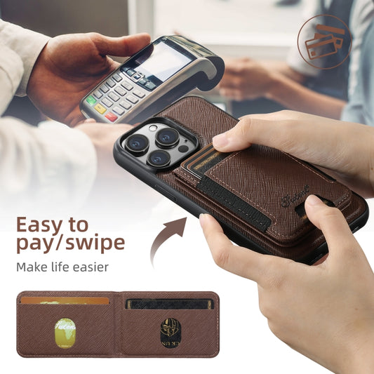 For iPhone 15 Suteni H17 Cross Grain Leather MagSafe Detachable Wallet Phone Case(Brown) by Suteni