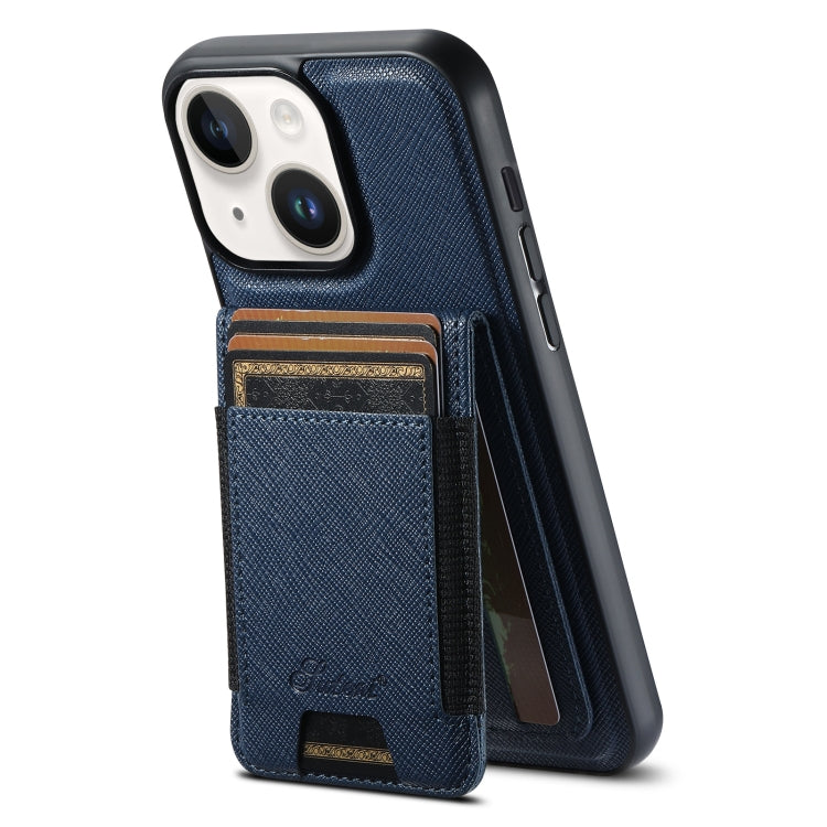 For iPhone 14 Plus Suteni H17 Cross Grain Leather MagSafe Detachable Wallet Phone Case(Blue) by Suteni