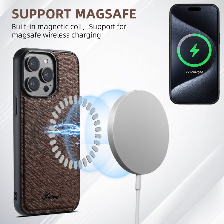 For iPhone 14 Pro Suteni H17 Cross Grain Leather MagSafe Detachable Wallet Phone Case(Brown) by Suteni