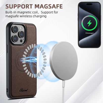 For iPhone 14 Pro Suteni H17 Cross Grain Leather MagSafe Detachable Wallet Phone Case(Brown) by Suteni