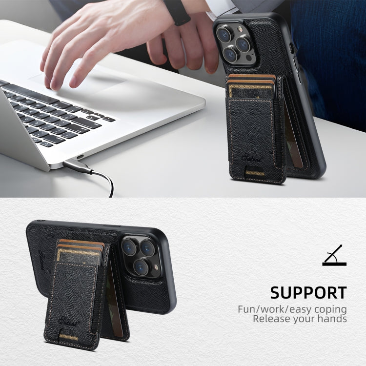 For iPhone 14 Suteni H17 Cross Grain Leather MagSafe Detachable Wallet Phone Case(Black) by Suteni