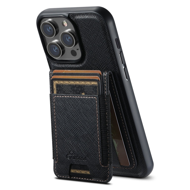 For iPhone 13 Pro Max Suteni H17 Cross Grain Leather MagSafe Detachable Wallet Phone Case(Black) by Suteni