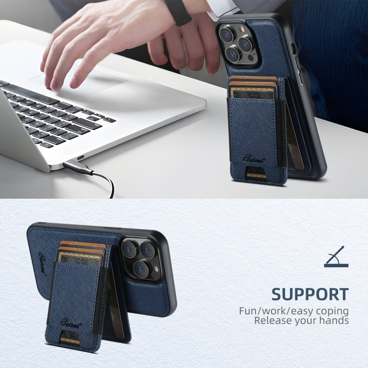 For iPhone 13 Suteni H17 Cross Grain Leather MagSafe Detachable Wallet Phone Case(Blue) by Suteni