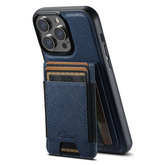 For iPhone 12 Pro Max Suteni H17 Cross Grain Leather MagSafe Detachable Wallet Phone Case(Blue) by Suteni