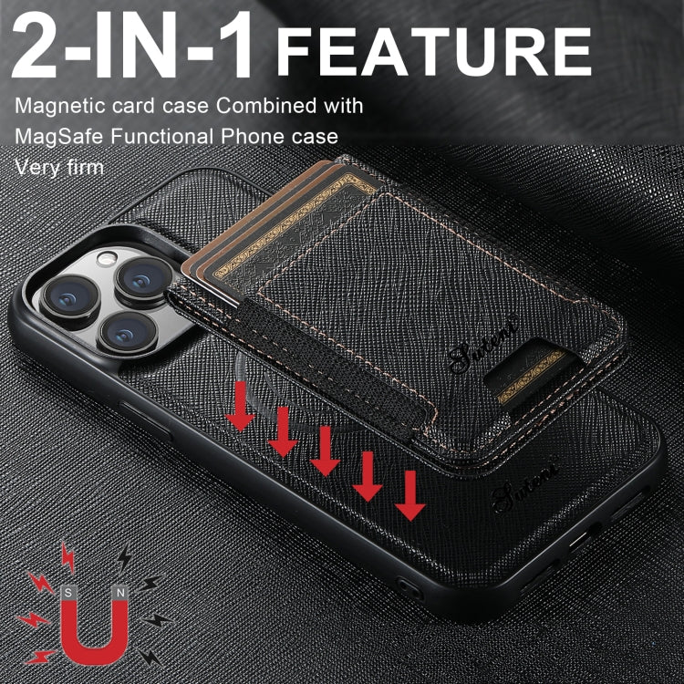 For iPhone 12 Suteni H17 Cross Grain Leather MagSafe Detachable Wallet Phone Case(Black) by Suteni