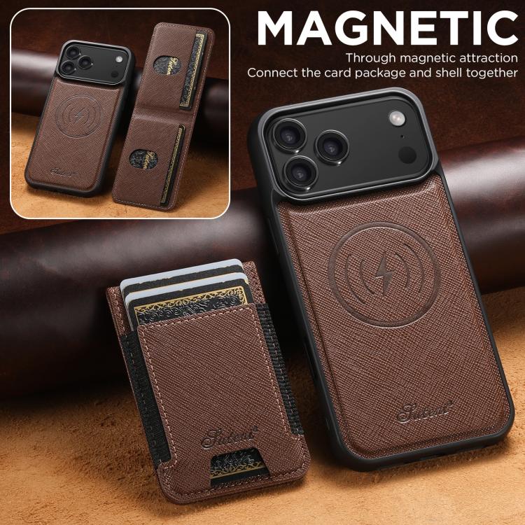 For iPhone 17 Pro Max Suteni H17 Cross Grain Leather MagSafe Detachable Wallet Phone Case(Brown) - iPhone 17 Pro Max Cases by Suteni | Online Shopping UK | buy2fix