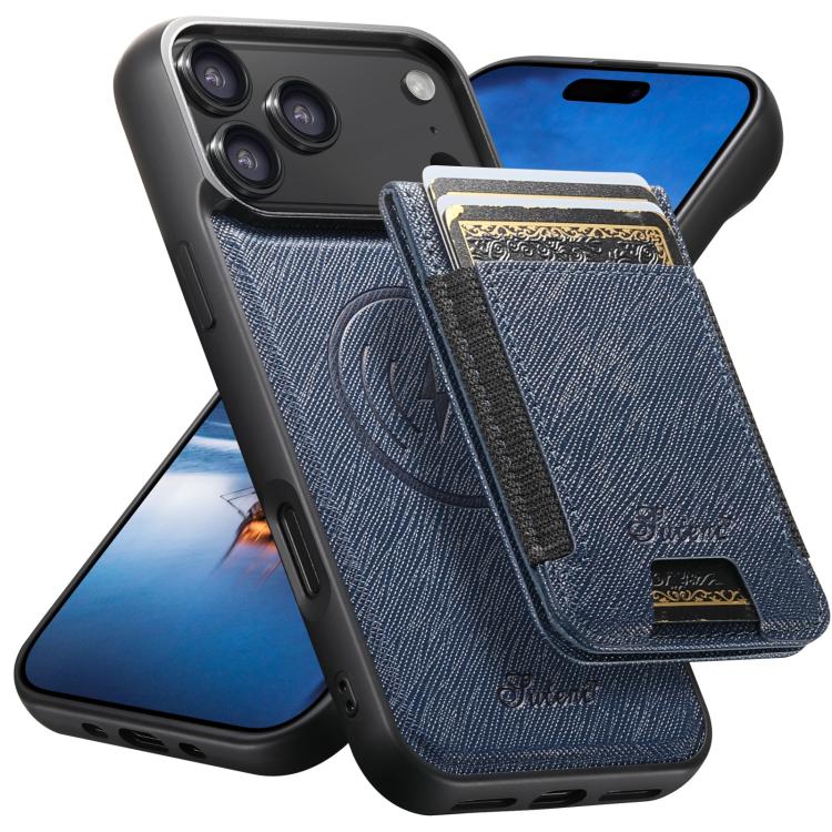 For iPhone 17 Pro Max Suteni H17 Cross Grain Leather MagSafe Detachable Wallet Phone Case(Blue) - iPhone 17 Pro Max Cases by Suteni | Online Shopping UK | buy2fix