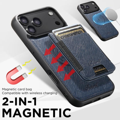 For iPhone 17 Pro Max Suteni H17 Cross Grain Leather MagSafe Detachable Wallet Phone Case(Blue) - iPhone 17 Pro Max Cases by Suteni | Online Shopping UK | buy2fix